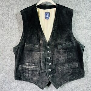 Gap Suede Leather  Vest Jacket Men XL Black Buckle Back Western Biker Vintage 90